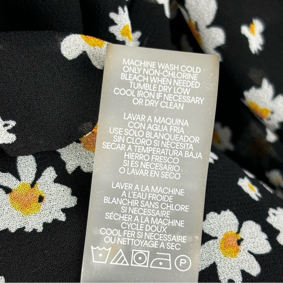 Karl Lagerfeld Black Floral Blouson Top Women Large Split V-Neck 3/4 Puff Sleeve - Picture 12 of 16